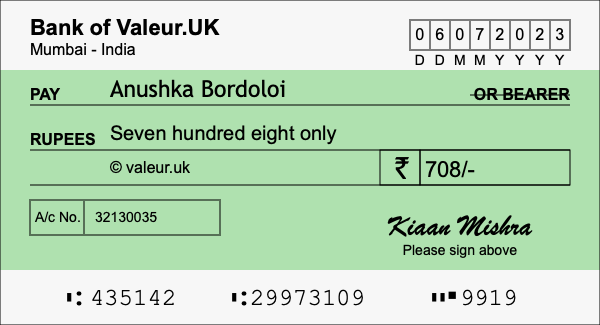 How to write a cheque for 708 rupees