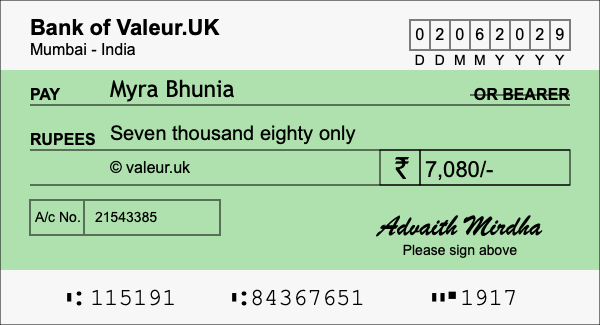 How to write a cheque for 7,080 rupees