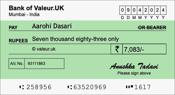 How to write a cheque for 7,083 rupees