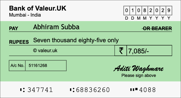 How to write a cheque for 7,085 rupees