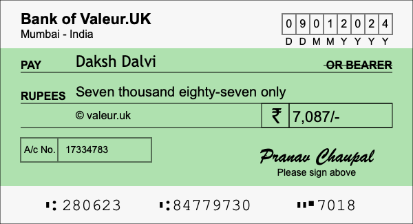 How to write a cheque for 7,087 rupees