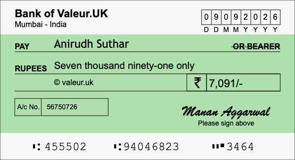 How to write a cheque for 7,091 rupees