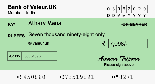 How to write a cheque for 7,098 rupees