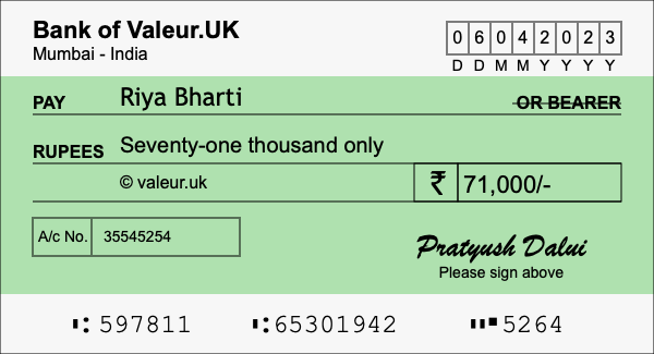 How to write a cheque for 71,000 rupees How to write a cheque for 71,000 rupees