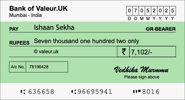 How to write a cheque for 7,102 rupees