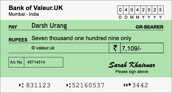How to write a cheque for 7,109 rupees