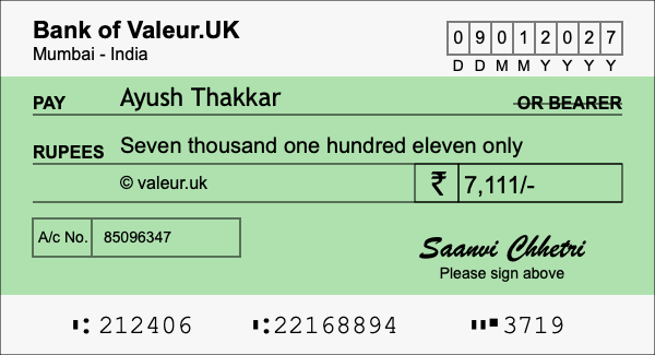 How to write a cheque for 7,111 rupees