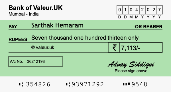 How to write a cheque for 7,113 rupees