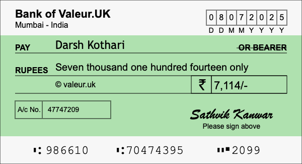 How to write a cheque for 7,114 rupees