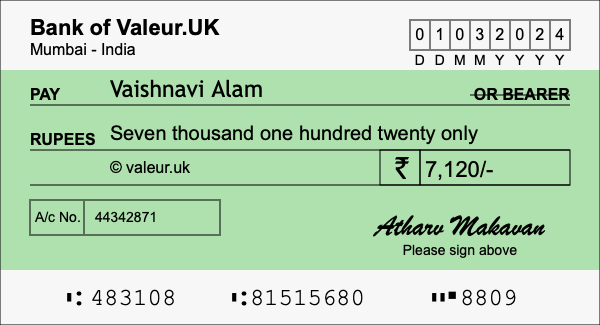 How to write a cheque for 7,120 rupees