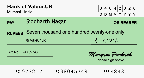 How to write a cheque for 7,121 rupees