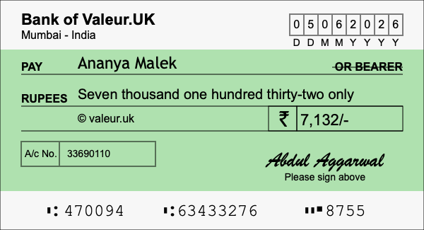How to write a cheque for 7,132 rupees