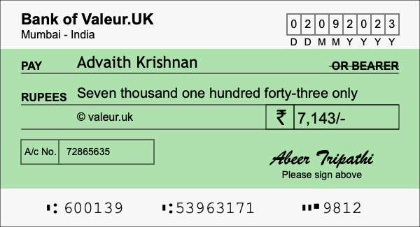 How to write a cheque for 7,143 rupees