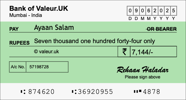 How to write a cheque for 7,144 rupees