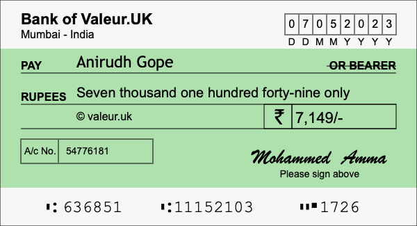 How to write a cheque for 7,149 rupees