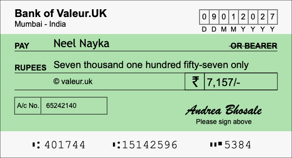 How to write a cheque for 7,157 rupees