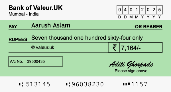 How to write a cheque for 7,164 rupees