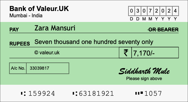 How to write a cheque for 7,170 rupees