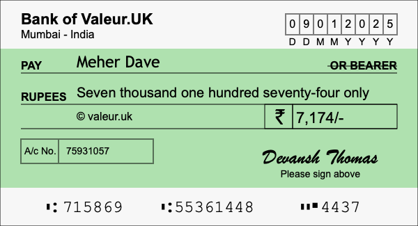 How to write a cheque for 7,174 rupees