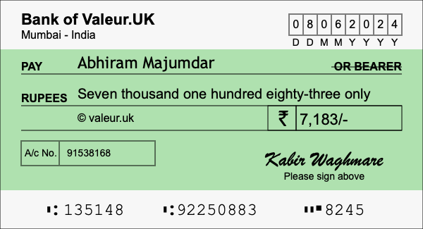 How to write a cheque for 7,183 rupees