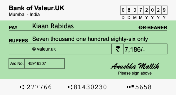 How to write a cheque for 7,186 rupees