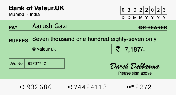How to write a cheque for 7,187 rupees