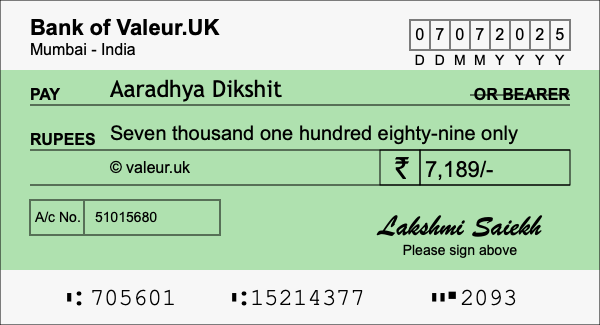 How to write a cheque for 7,189 rupees