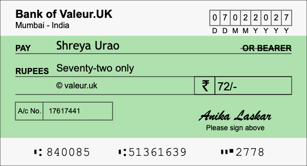 How to write a cheque for 72 rupees