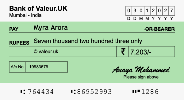 How to write a cheque for 7,203 rupees