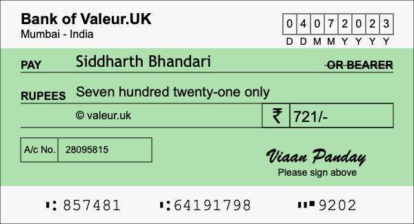 How to write a cheque for 721 rupees