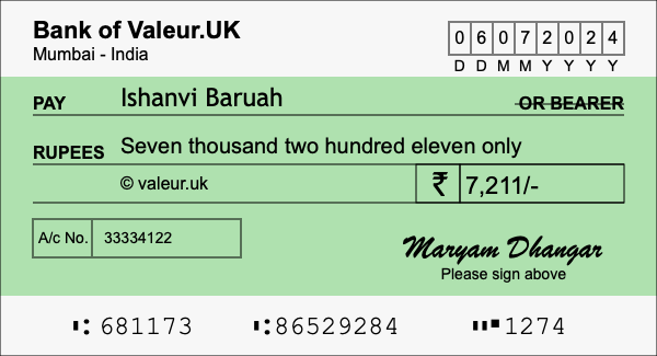How to write a cheque for 7,211 rupees