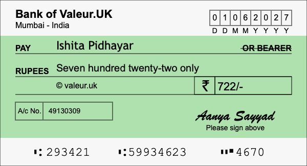 How to write a cheque for 722 rupees