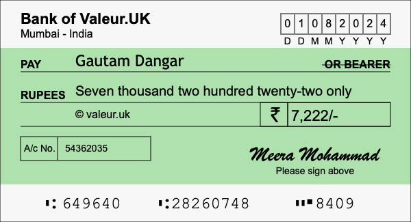 How to write a cheque for 7,222 rupees