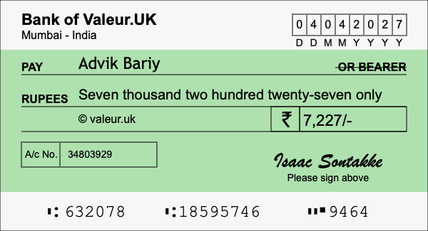 How to write a cheque for 7,227 rupees