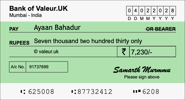 How to write a cheque for 7,230 rupees