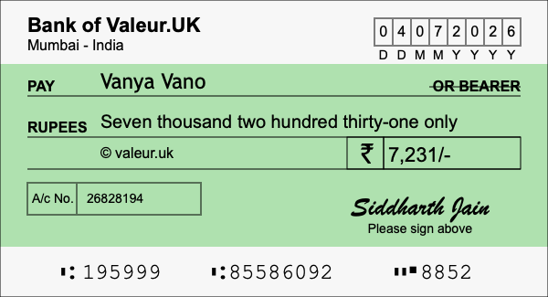 How to write a cheque for 7,231 rupees