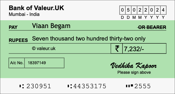 How to write a cheque for 7,232 rupees