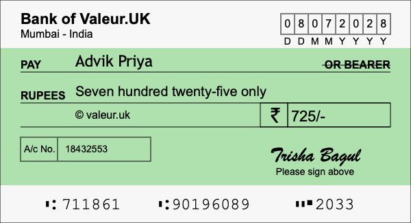 How to write a cheque for 725 rupees