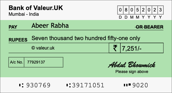 How to write a cheque for 7,251 rupees