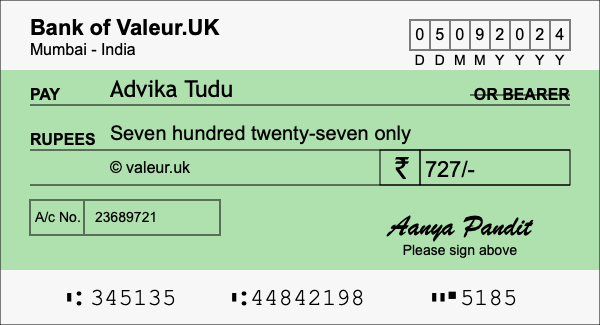 How to write a cheque for 727 rupees