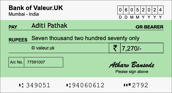 How to write a cheque for 7,270 rupees