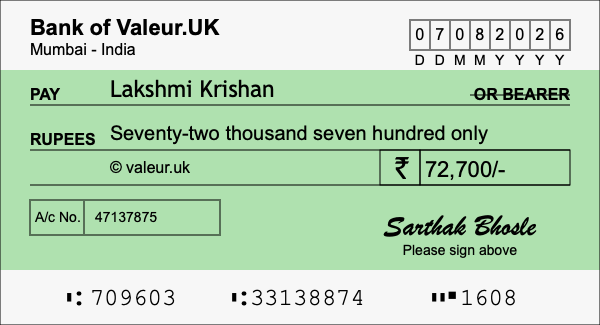 How to write a cheque for 72,700 rupees How to write a cheque for 72,700 rupees