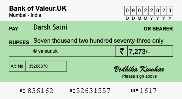 How to write a cheque for 7,273 rupees
