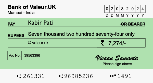 How to write a cheque for 7,274 rupees