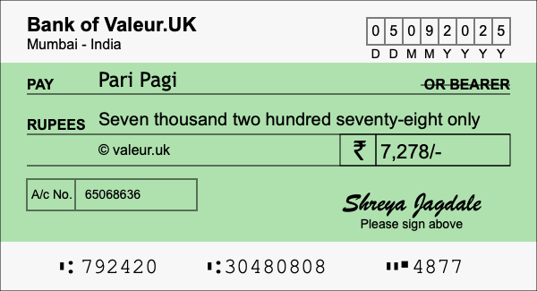 How to write a cheque for 7,278 rupees