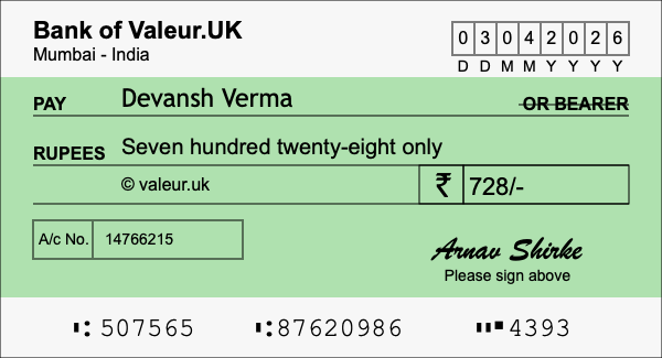 How to write a cheque for 728 rupees