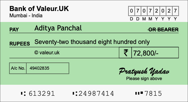 How to write a cheque for 72,800 rupees