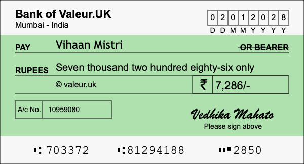 How to write a cheque for 7,286 rupees