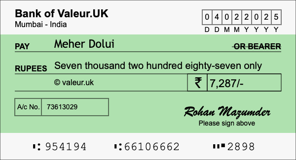 How to write a cheque for 7,287 rupees