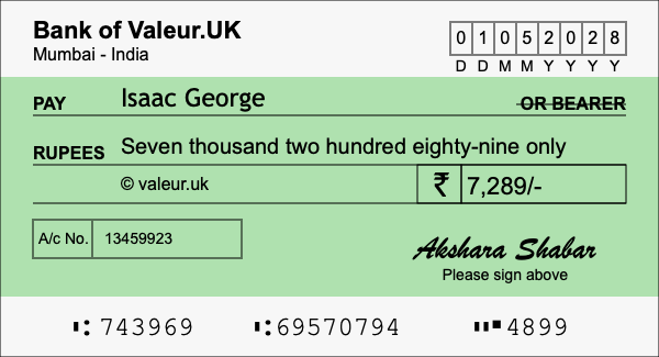 How to write a cheque for 7,289 rupees